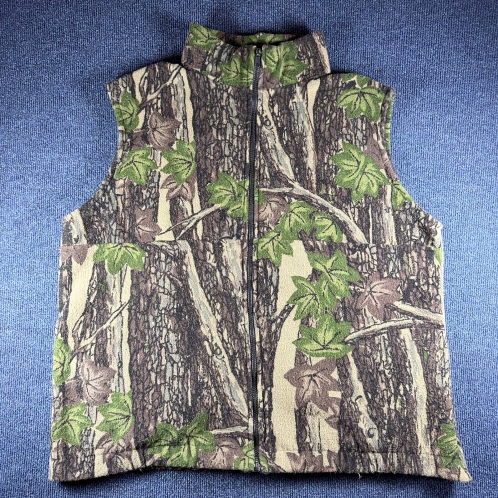 River Birch Camo Fleece Vest Mens XL 51in Chest Green Brown Full Zip
